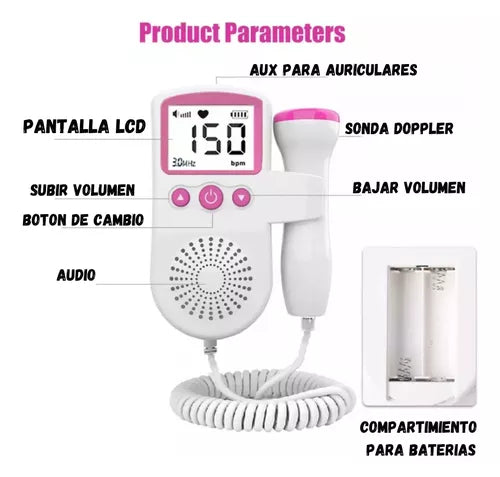 Pulsómetro Doppler Para Bebés Y Embarazadas Color Azul- Rosa